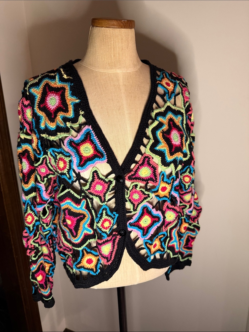 Black Multicolor Crochet Star Cardigan Sweater